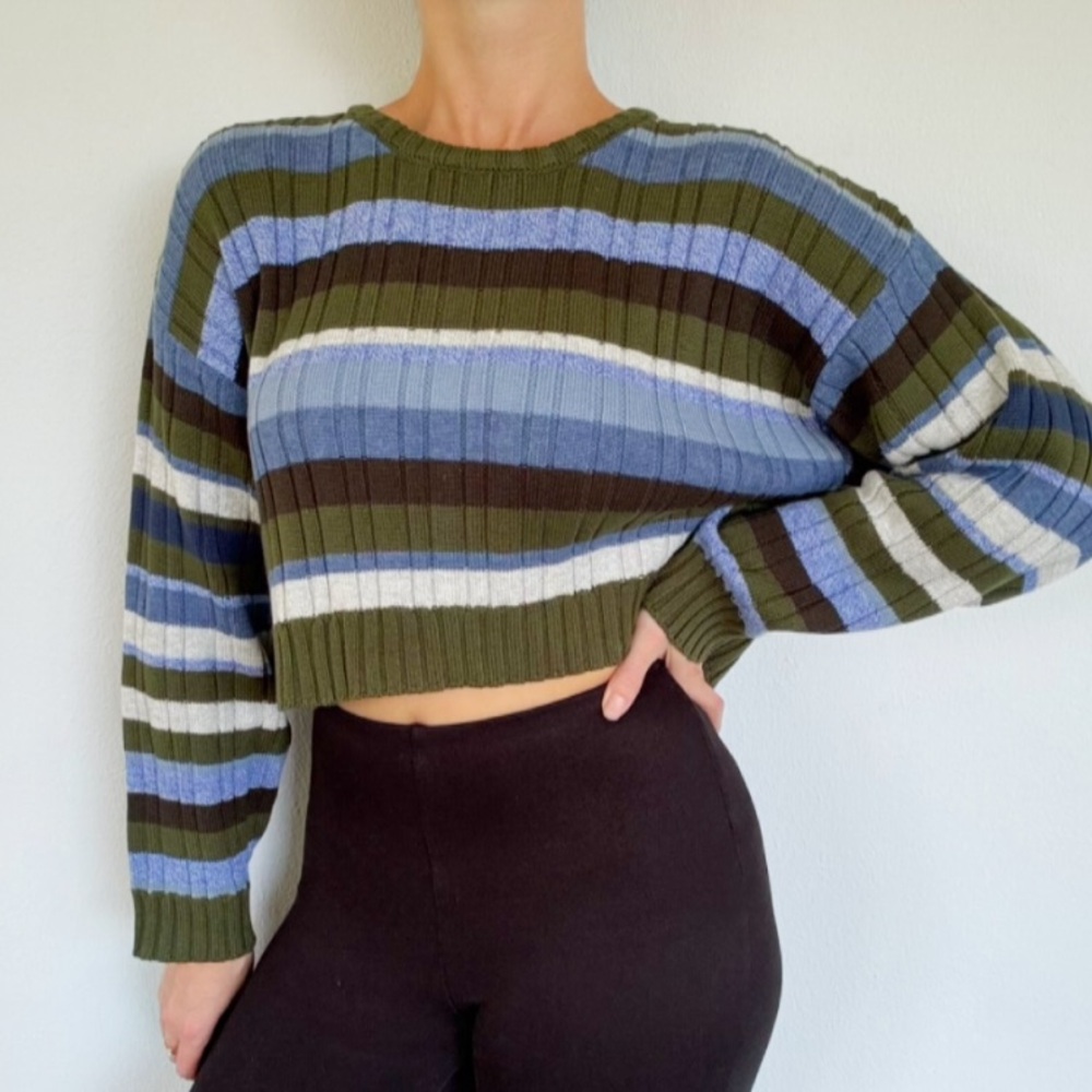 Le Lis green blue stripe stretch ribbed knit cropped long sleeve sweater small - Picture 3 of 14